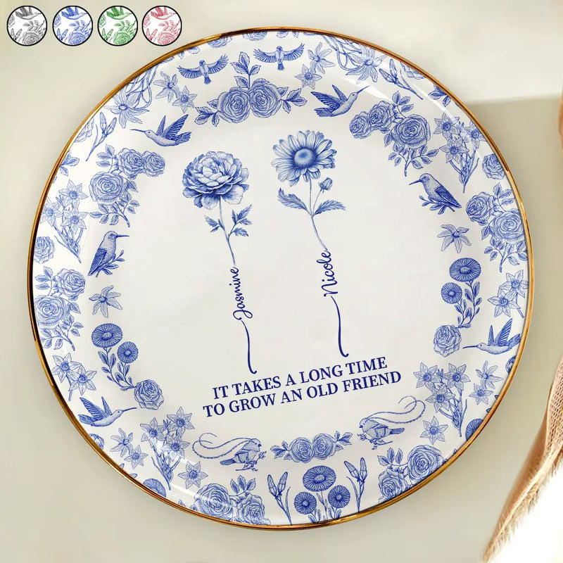 Gift For Yourself,Gift For Women,Gift For Bestie,Old Best friends,Love - Toile De Jouy Birth Flower Grow An Old Friend - Personalized Round Ring Dish