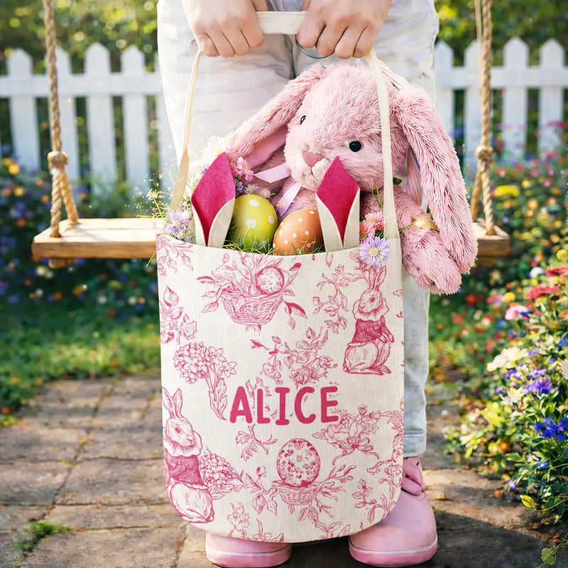 Easter,Non-Eng,Gift For Kids,Gift For Grandkids,Grandma - Grandkids,Grandpa - Grandkids,Dad - Children,Mom - Children,Happy - Toile De Jouy Bunny Pattern - Personalized Bunny Ears Bucket Bag