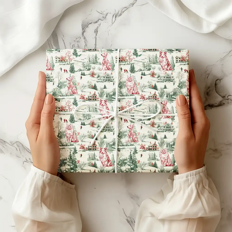 Pet Lovers, Happy - Toile De Jouy Dog Cat Winter Town - Personalized Wrapping Paper