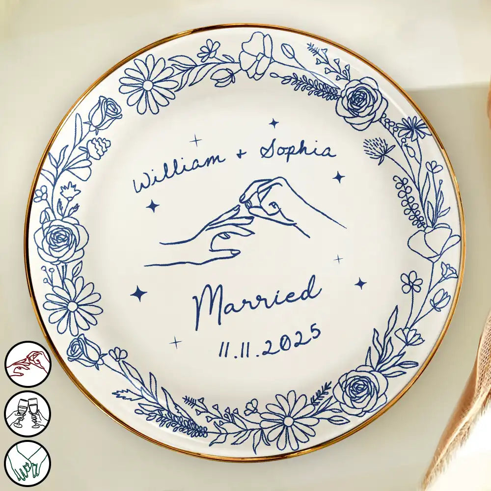 Toile De Jouy Engaged Married Couple Hands - Personalized Round Ring Dish