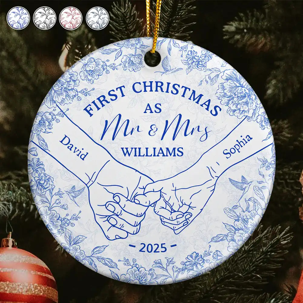 Toile De Jouy Holding Hands First Christmas Couple - Personalized Circle Ceramic Ornament