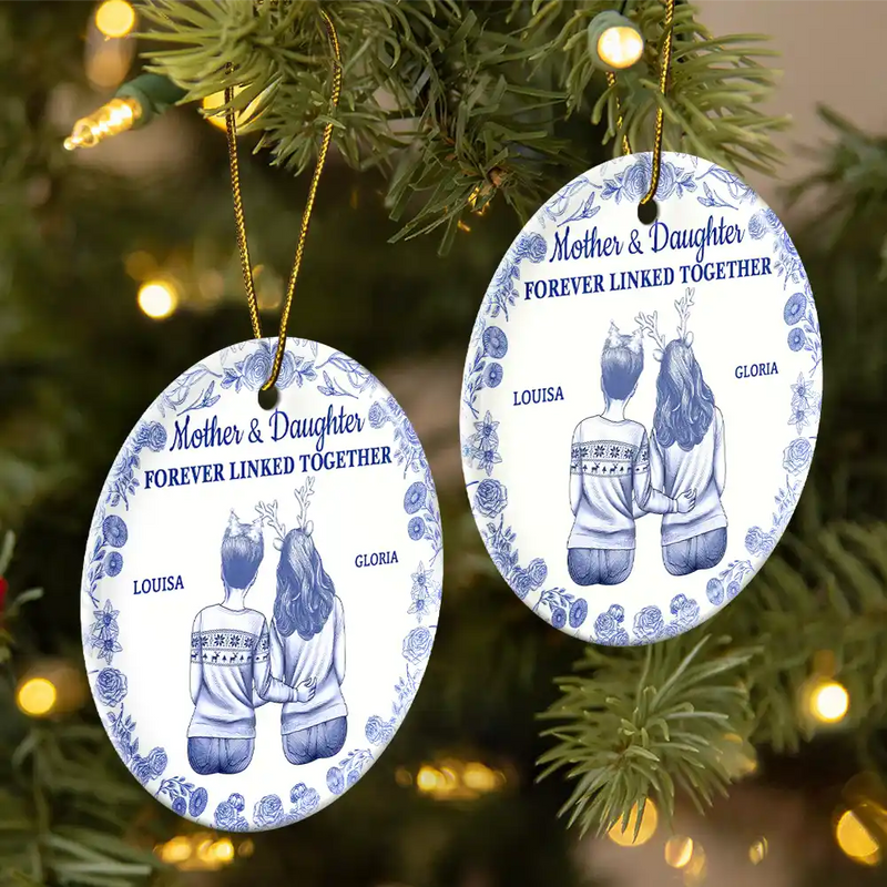 Mom - Daughters (Adult),Mom - Children,Mom - Sons,Gift For Mother,Gift For Daughter,Gift For Son,Love - Toile De Jouy Mother And Daughters Forever Linked Together - Personalized Circle Ceramic Ornament