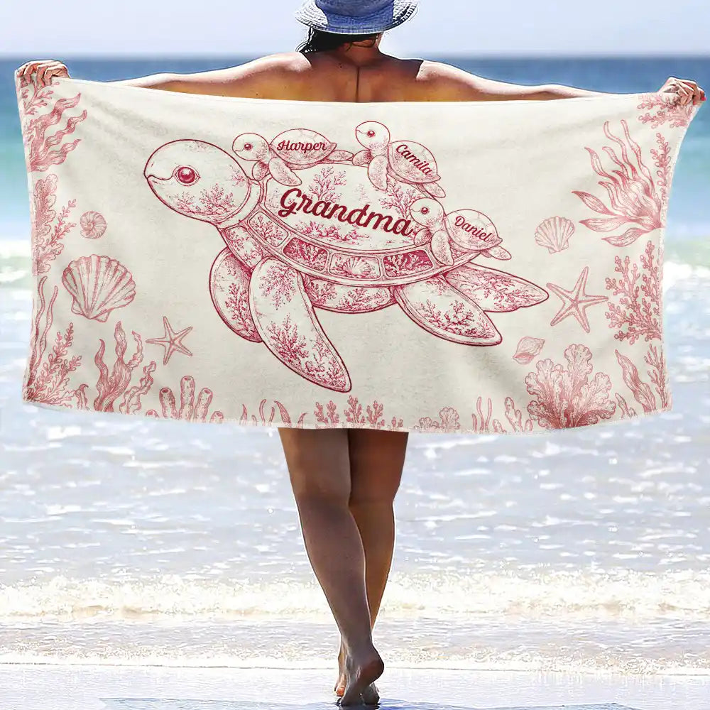 Gift For Grandma, Summer, Adorable, Icon - Toile De Jouy Sea Turtle - Personalized Beach Towel
