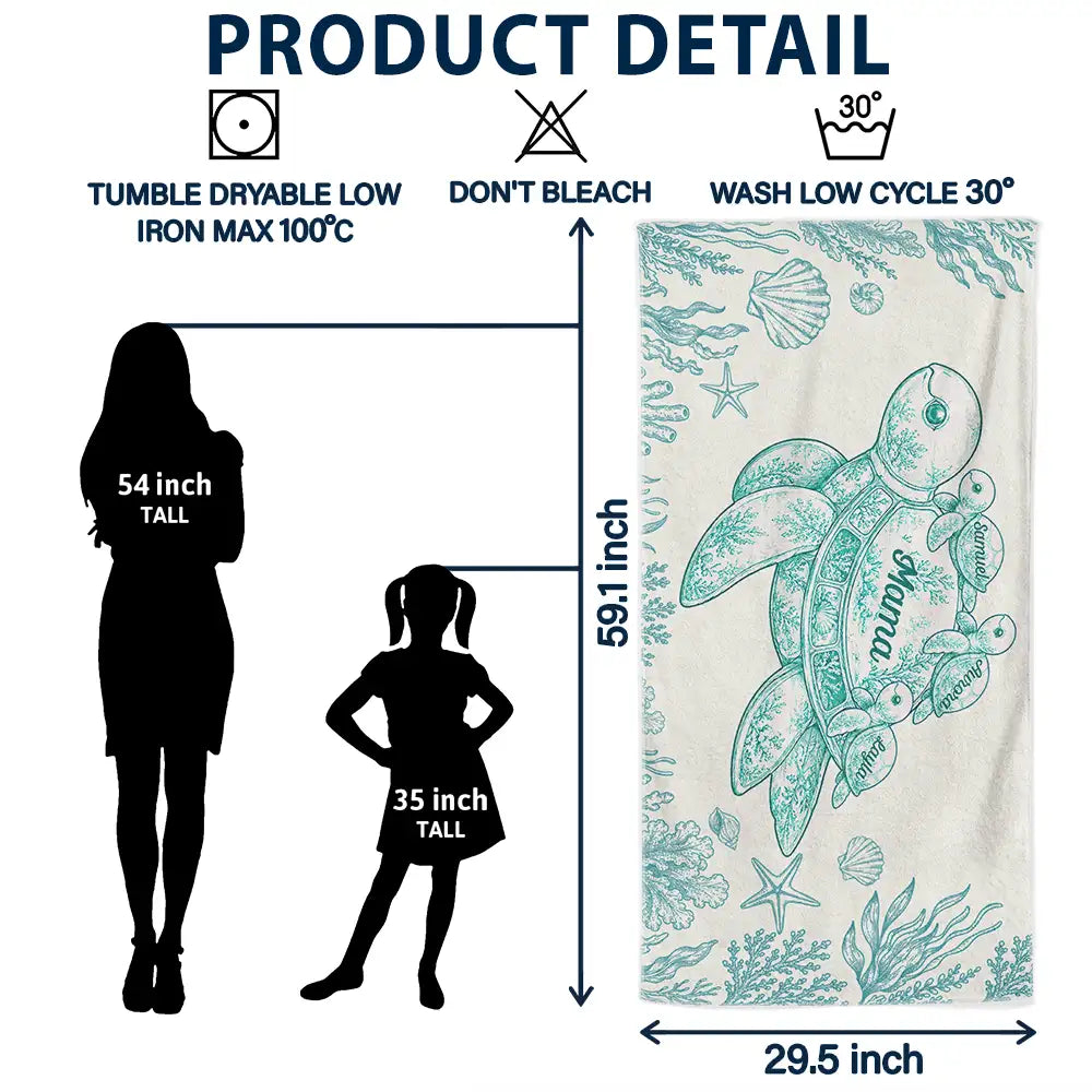 Gift For Grandma, Summer, Adorable, Icon - Toile De Jouy Sea Turtle - Personalized Beach Towel