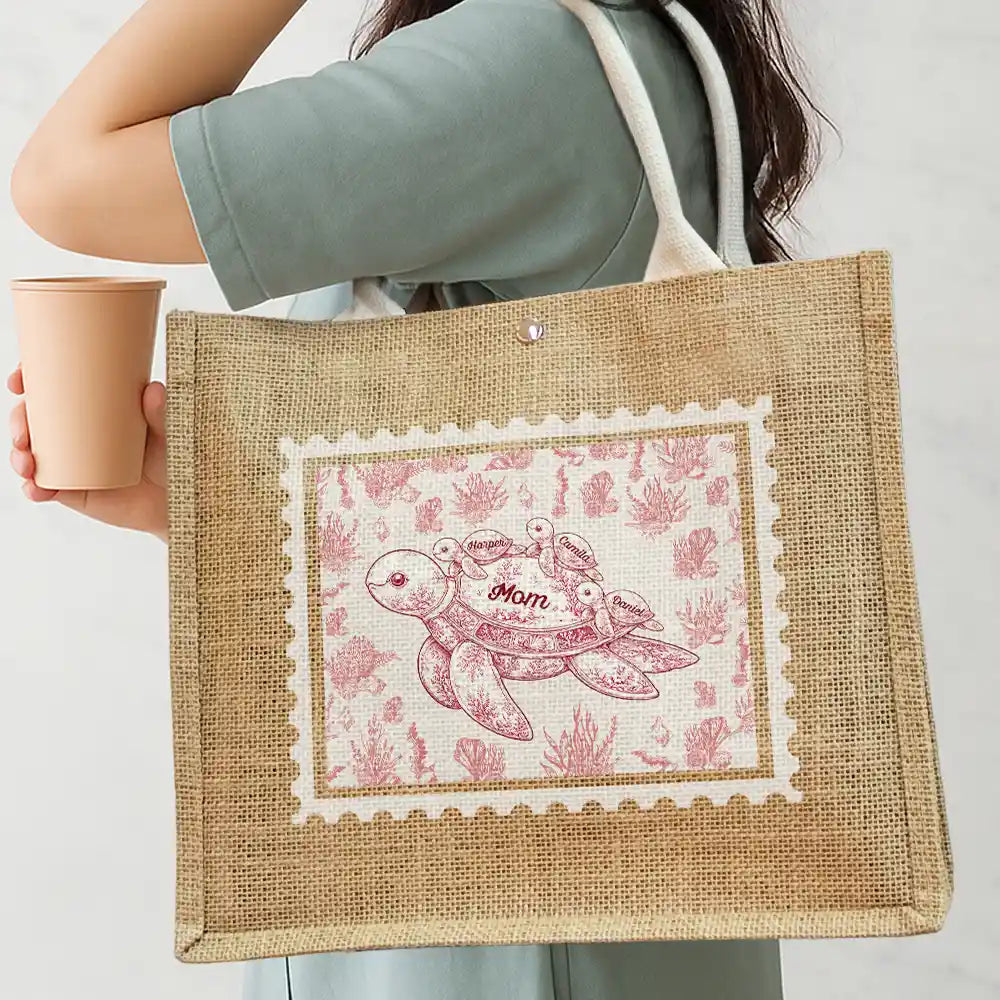 Gift For Grandma, Summer, Adorable, Icon - Toile De Jouy Sea Turtle - Personalized Jute Beach Bag