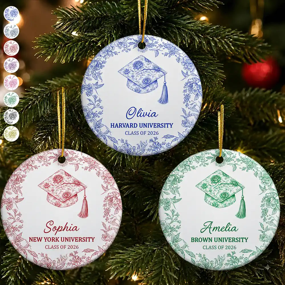Gift For Children,Christmas,Proud,Graduation,Gift For Daughter,Custom Text - Toile Graduation Cap Congrats For Daughters Besties - Personalized Circle Ceramic Ornament