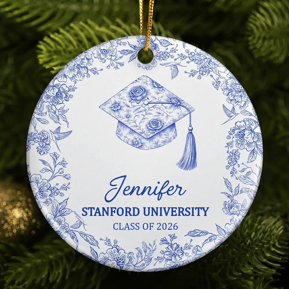 Gift For Children,Christmas,Proud,Graduation,Gift For Daughter,Custom Text - Toile Graduation Cap Congrats For Daughters Besties - Personalized Circle Ceramic Ornament