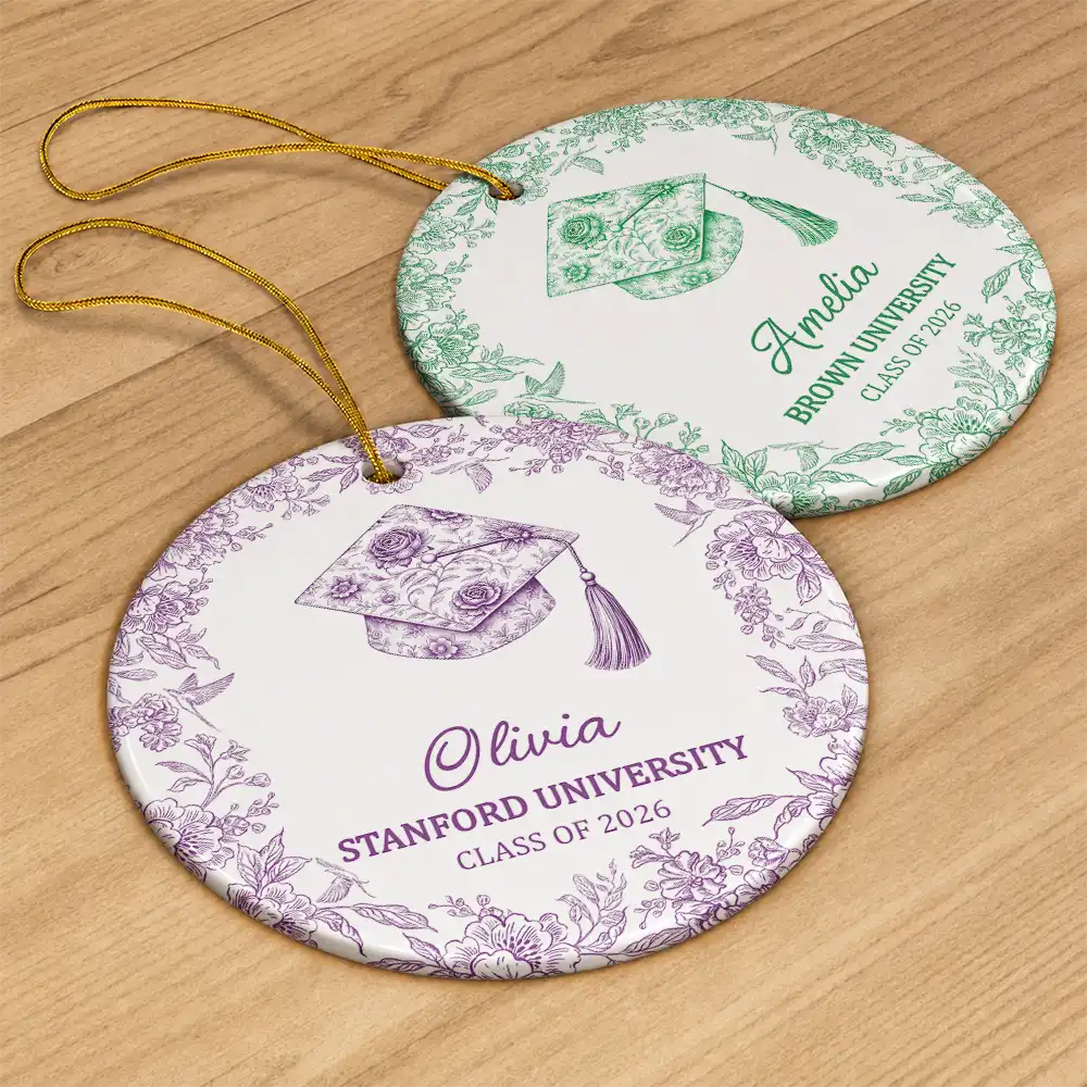 Gift For Children,Christmas,Proud,Graduation,Gift For Daughter,Custom Text - Toile Graduation Cap Congrats For Daughters Besties - Personalized Circle Ceramic Ornament