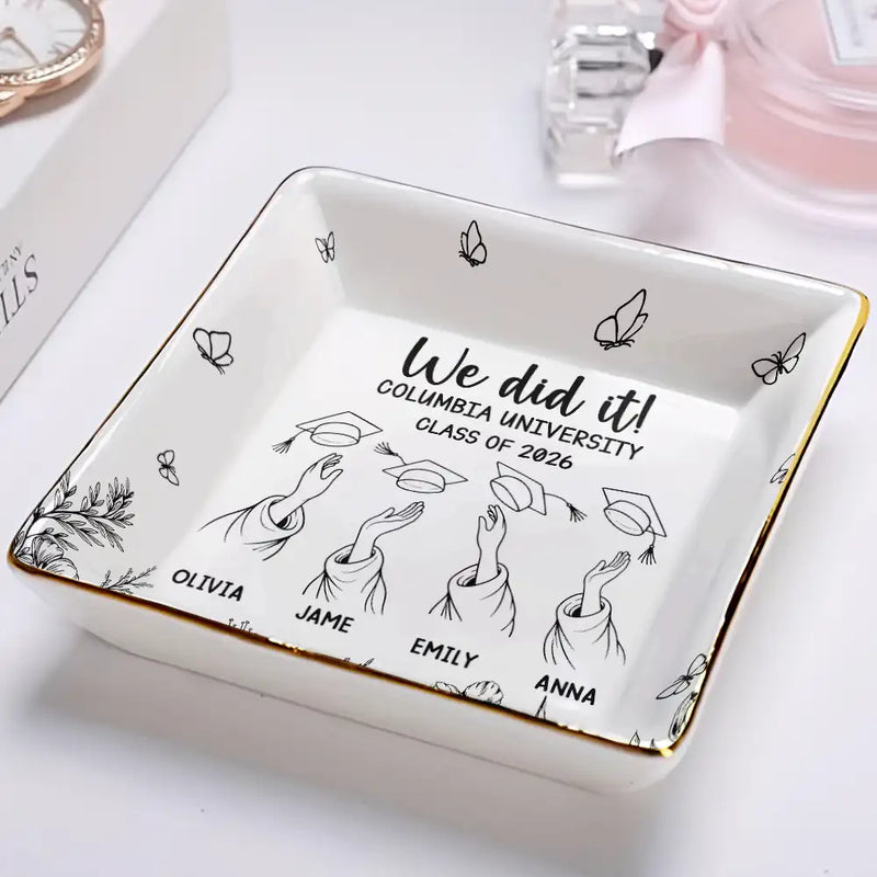 Gift For Bestie, Graduation, Happy - Toile Graduation Cap Toss Celebration - Personalized Ring Dish