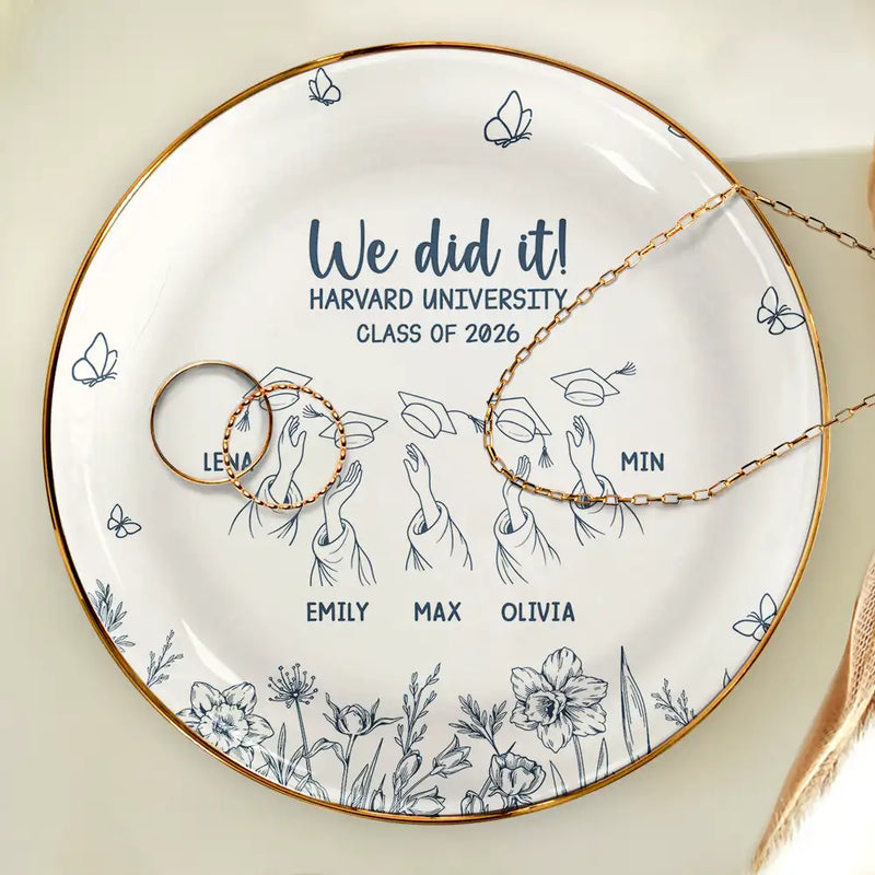 Gift For Bestie, Graduation, Happy - Toile Graduation Cap Toss Celebration - Personalized Ring Dish