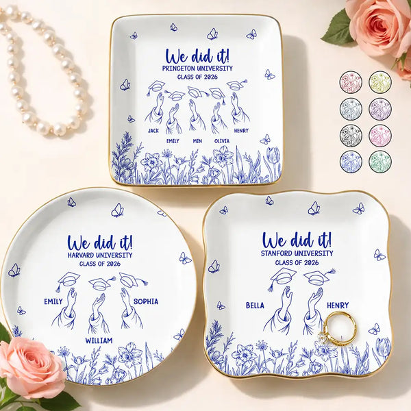 Gift For Bestie, Graduation, Happy - Toile Graduation Cap Toss Celebration - Personalized Ring Dish