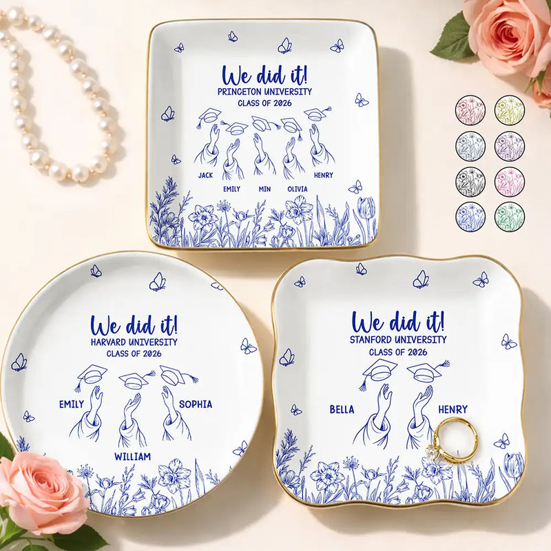 Gift For Bestie, Graduation, Happy - Toile Graduation Cap Toss Celebration - Personalized Ring Dish