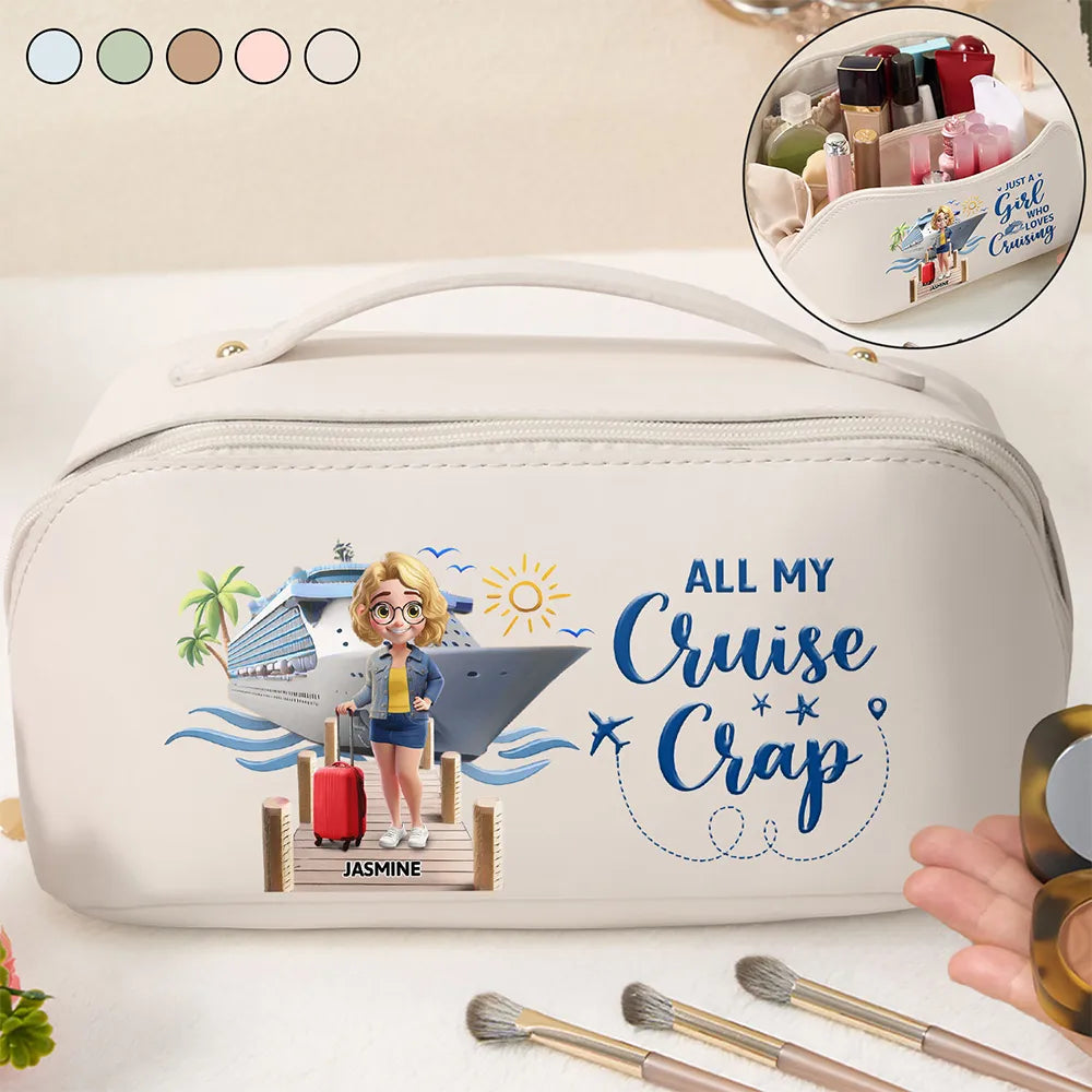 Gift For Yourself,Gift For Women,Cruising,Happy - Travel All My Cruise Crap - Personalized Leather Makeup Bag
