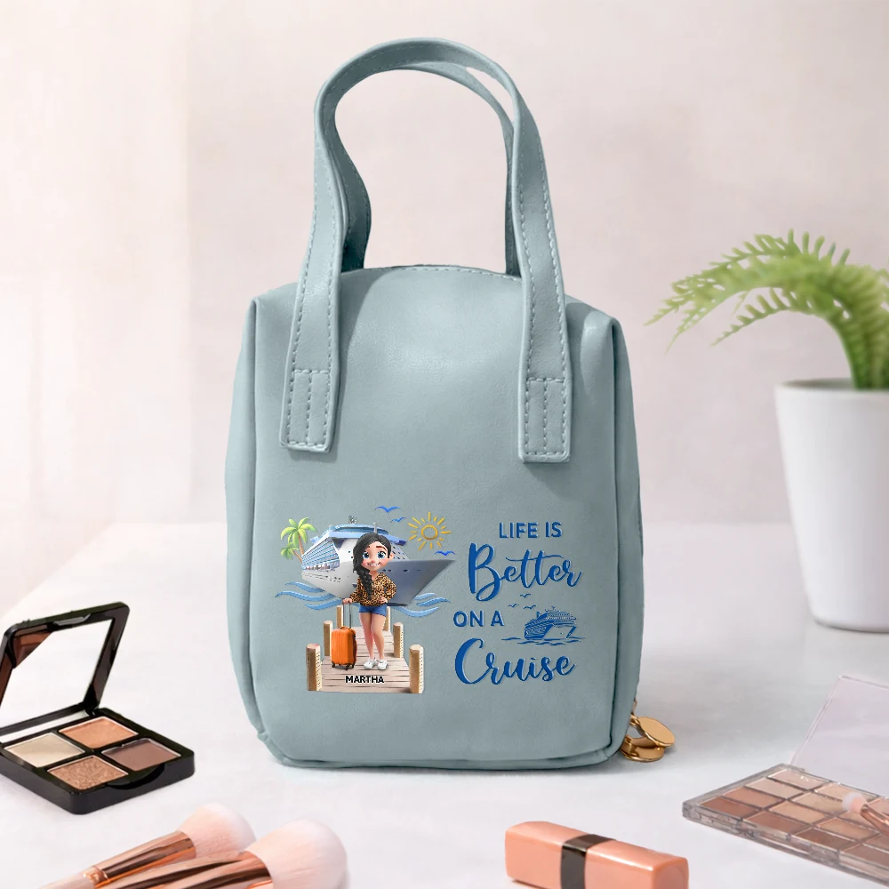 Cruising, Travel, Gift For Yourself, Gift For Women - Travel All My Cruise Crap - Personalized Leather Makeup Bag With Handle