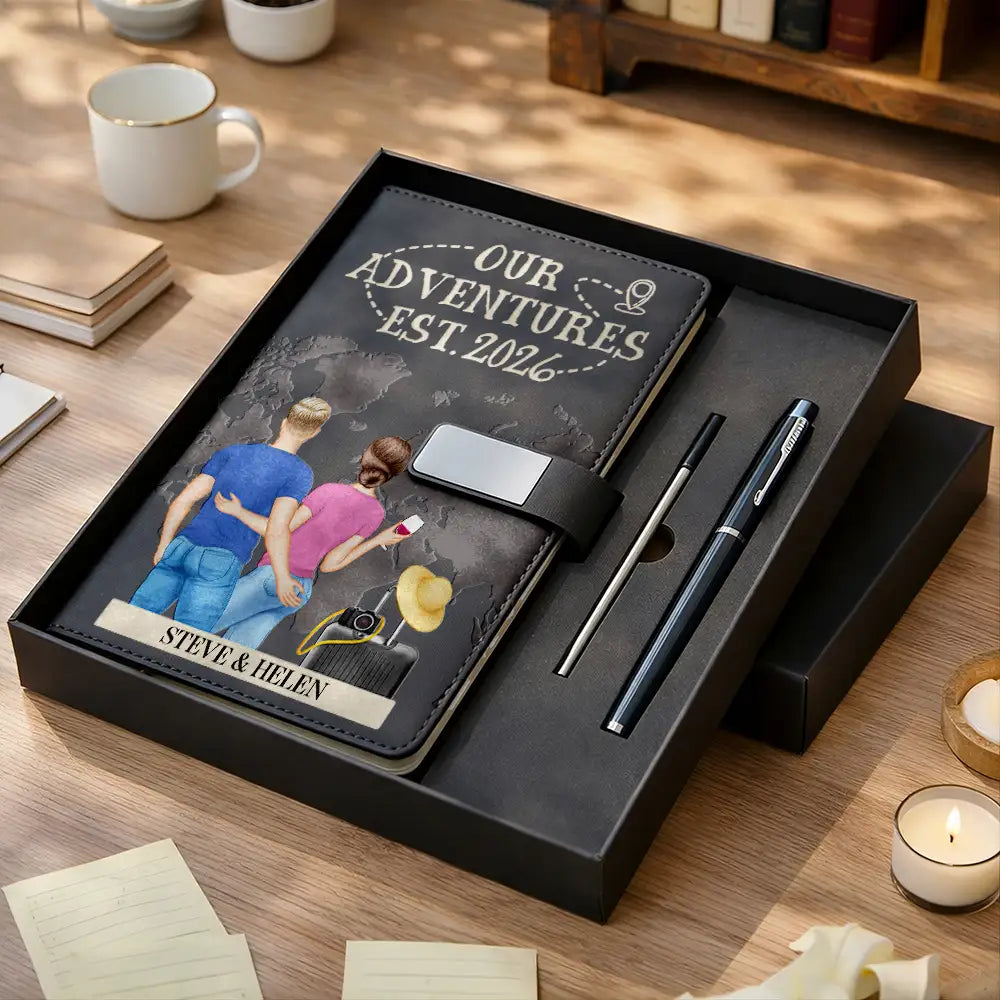 Gift For Couples,Old Couples,Gift For Husband,Gift For Wife,Gift For Boyfriend,Gift For Girlfriend,LGBT,Love,Travel - Travel Couple Our Adventure Book - Personalized Leather Notebook Set