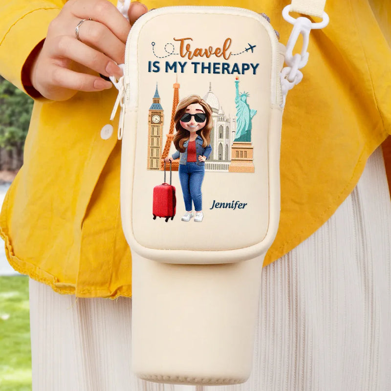 Travel,Gift For Women,Gift For Men,Happy - Travel Is My Therapy - Personalized Bottle Carrier Bag