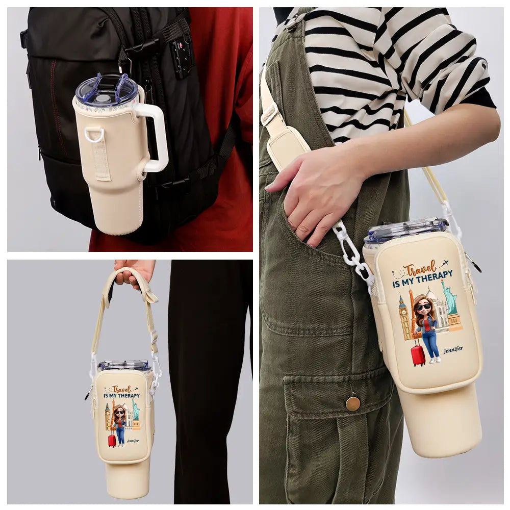 Travel,Gift For Women,Gift For Men,Happy - Travel Is My Therapy - Personalized Bottle Carrier Bag