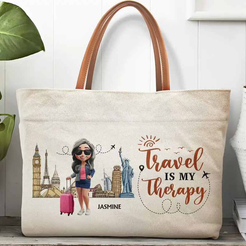 Travel,Gift For Yourself,Happy - Travel Is My Therapy - Personalized Leather Handle Tote Bag