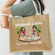 Gift For Couples,Gift For Husband,Gift For Wife,Gift For Boyfriend,Gift For Girlfriend,Happy - Travel Partners For Life - Personalized Jute Beach Bag