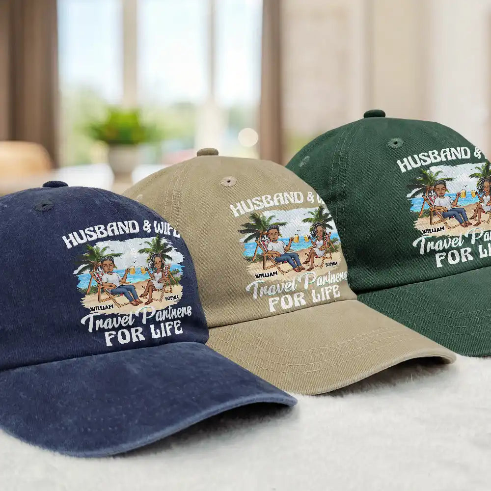 Travel,Gift For Couples,Gift For Wife,Gift For Husband,Happy - Travel Partners For Life - Personalized Vintage Washed Denim Cap