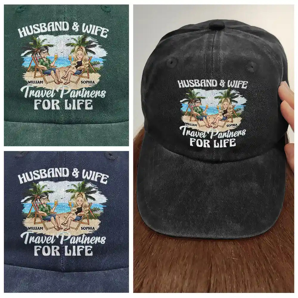 Travel,Gift For Couples,Gift For Wife,Gift For Husband,Happy - Travel Partners For Life - Personalized Vintage Washed Denim Cap