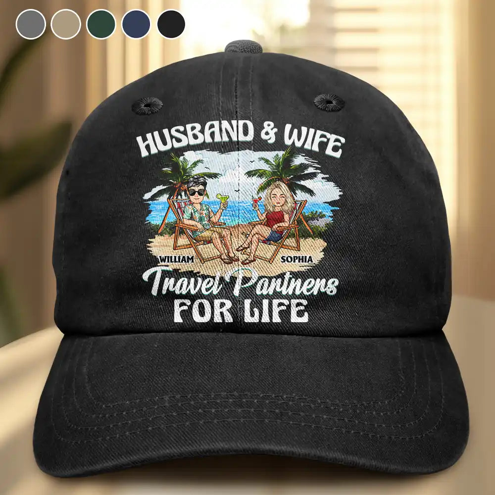 Travel,Gift For Couples,Gift For Wife,Gift For Husband,Happy - Travel Partners For Life - Personalized Vintage Washed Denim Cap