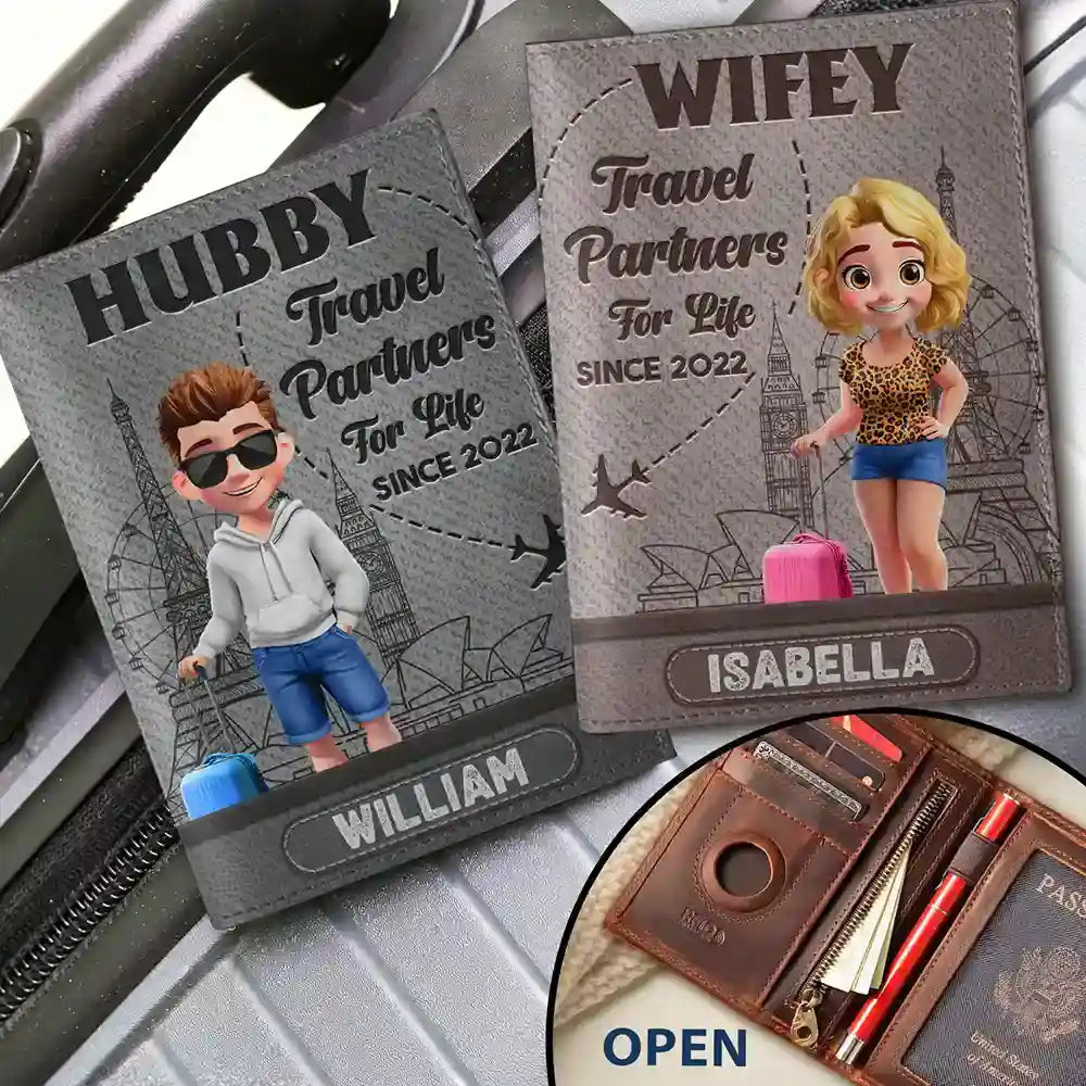 Traveling Couple Hubby & Wifey Travel Partners For Life - Personalized Combo 2 Leather Passport Holders