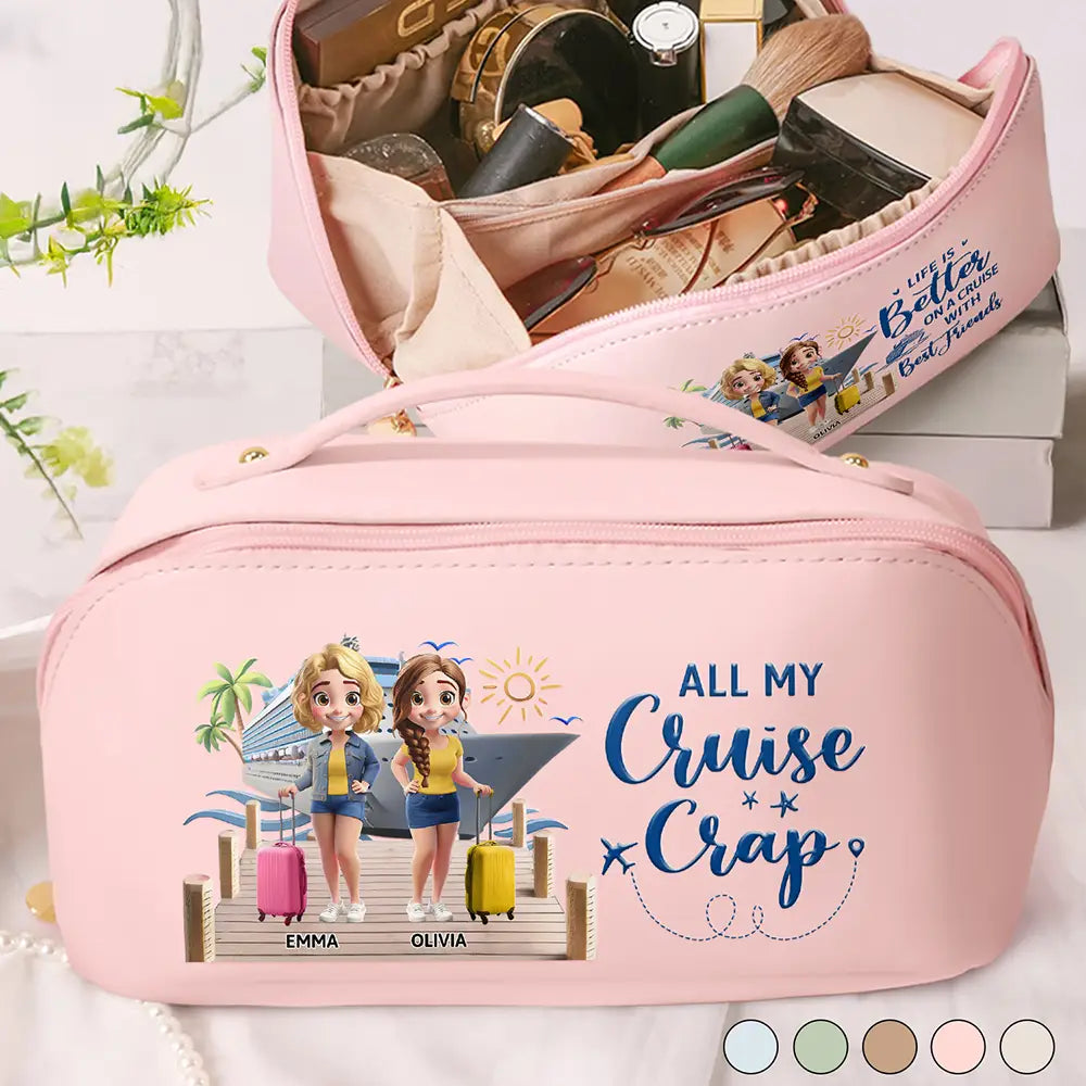 Traveling Girls Trip All My Cruise Crap Besties Cruising - Personalized Leather Makeup Bag