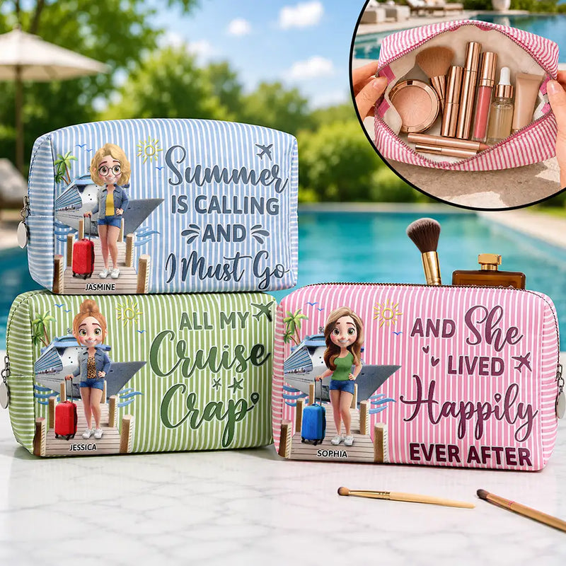 Gift For Yourself, Gift For Women, Summer, Travel, Humorous, Vector - Travelling And She Lived Happily Ever After - Personalized Striped Cosmetic Bag