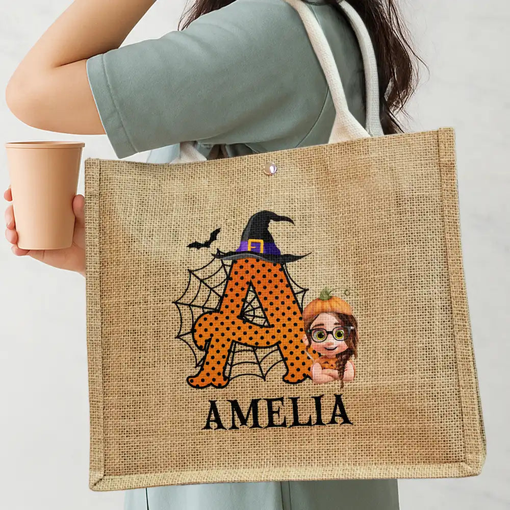 Halloween,Grandpa - Grandkids,Gift For Kids,Happy - Trick Or Treat Kid Monogram Halloween - Personalized Jute Beach Bag