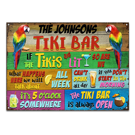 Tropical Parrot Tiki Bar Is Always Open Horizontal Custom Classic Metal Signs