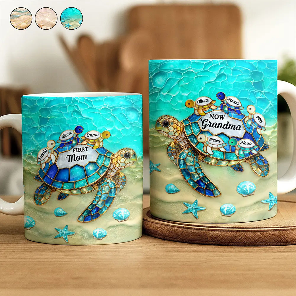 Turtle First Mom Now Grandma Stained Glass Effect - Personalized White Edge-to-Edge Mug