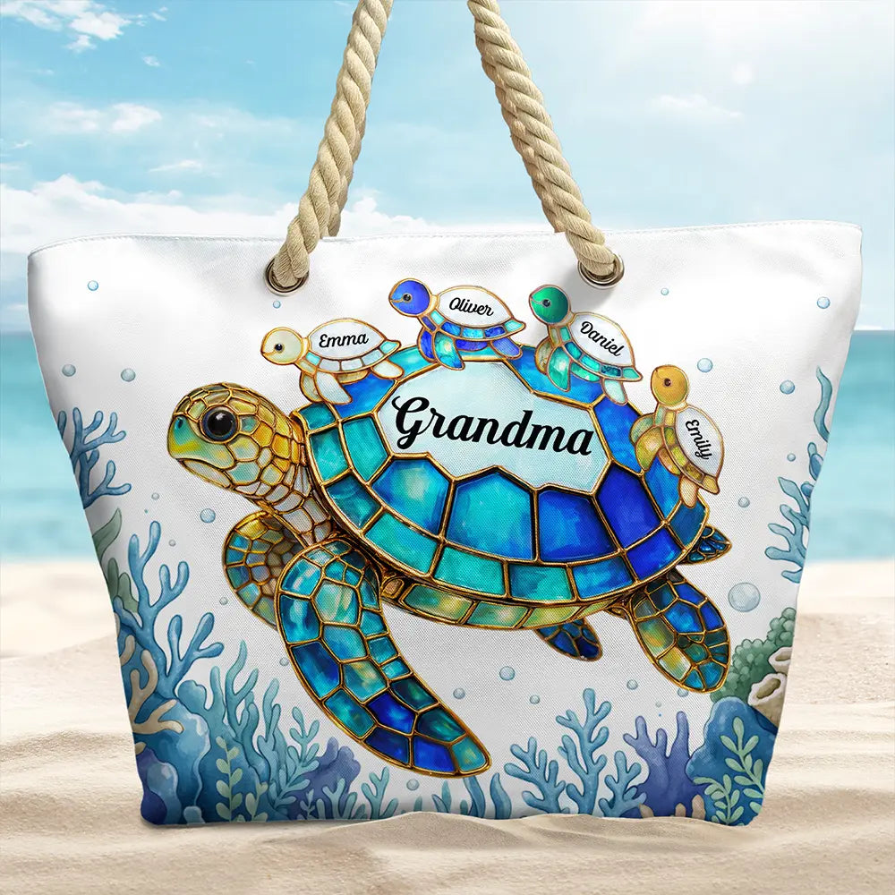 Gift For Grandma,Grandma - Grandkids,Grandma's Hobby,Beach,Happy - Turtle Mom Grandma - Personalized Beach Bag
