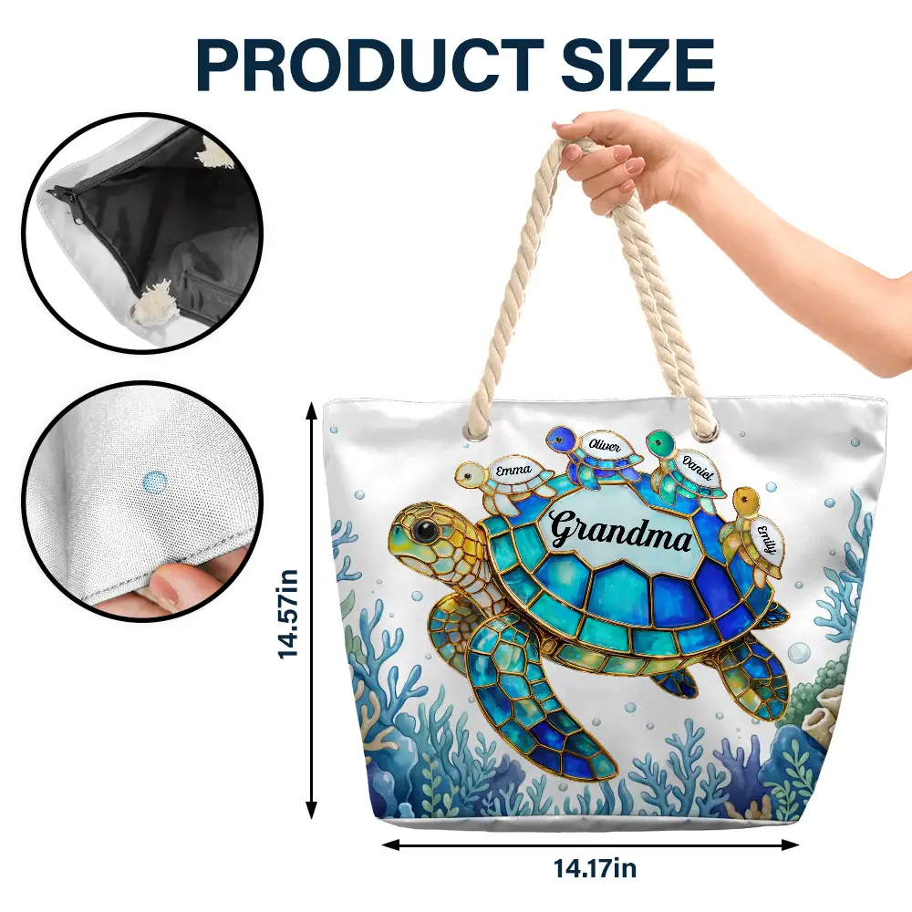 Gift For Grandma,Grandma - Grandkids,Grandma's Hobby,Beach,Happy - Turtle Mom Grandma - Personalized Beach Bag
