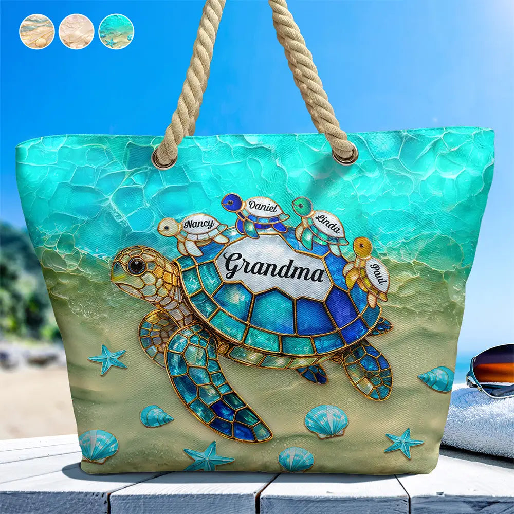 Gift For Grandma, Summer, Adorable, Icon - Turtle Mom Grandma Ocean Theme - Personalized Beach Bag