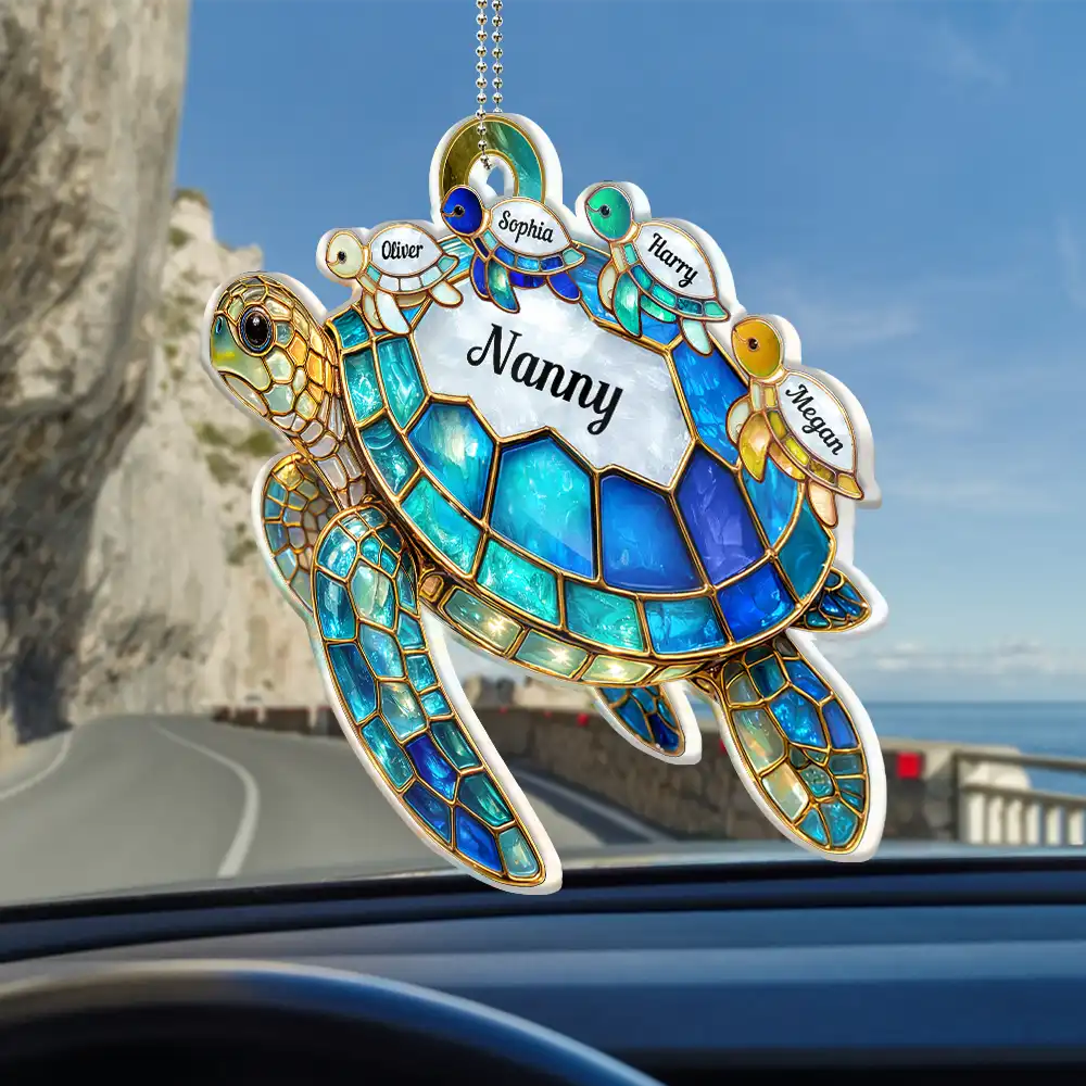 Gift For Grandma, Grandma - Grandkids, Beach, Happy - Turtle Stained Glass Mom Grandma - Personalized Acrylic Car Hanger