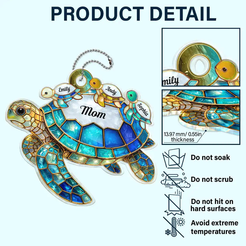 Gift For Grandma, Grandma - Grandkids, Beach, Happy - Turtle Stained Glass Mom Grandma - Personalized Acrylic Car Hanger