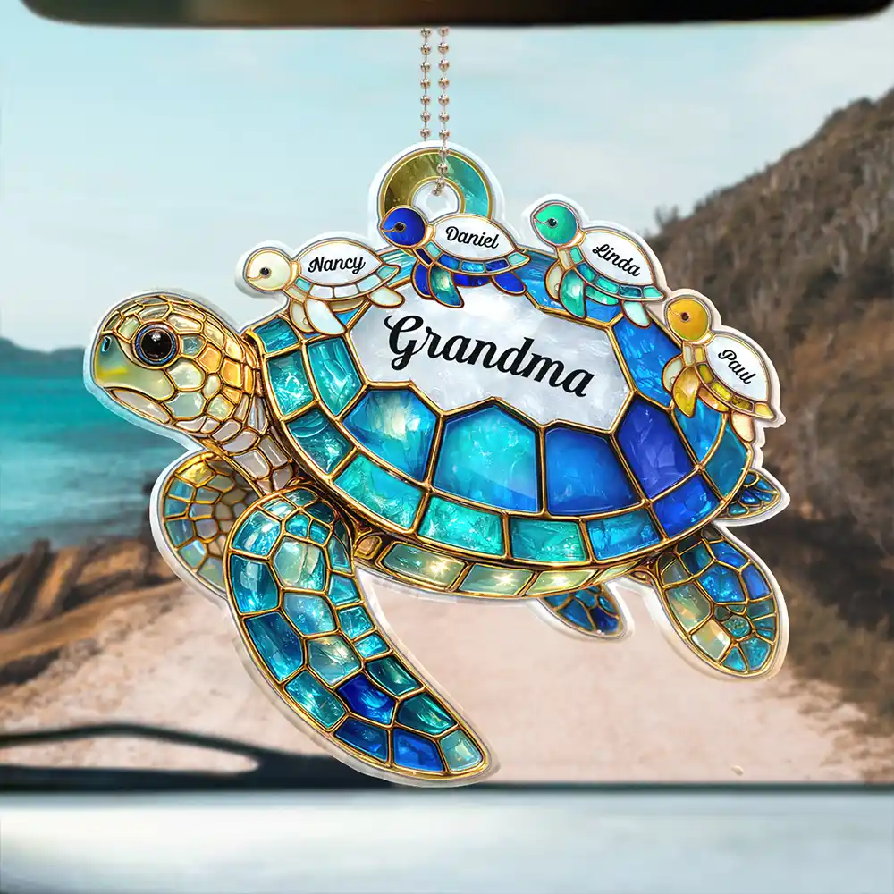 Gift For Grandma, Grandma - Grandkids, Beach, Happy - Turtle Stained Glass Mom Grandma - Personalized Acrylic Car Hanger