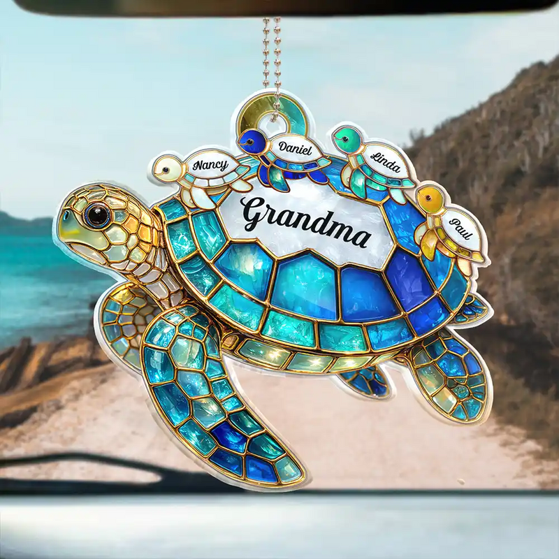 Gift For Grandma, Grandma - Grandkids, Beach, Happy - Turtle Stained Glass Mom Grandma - Personalized Acrylic Car Hanger