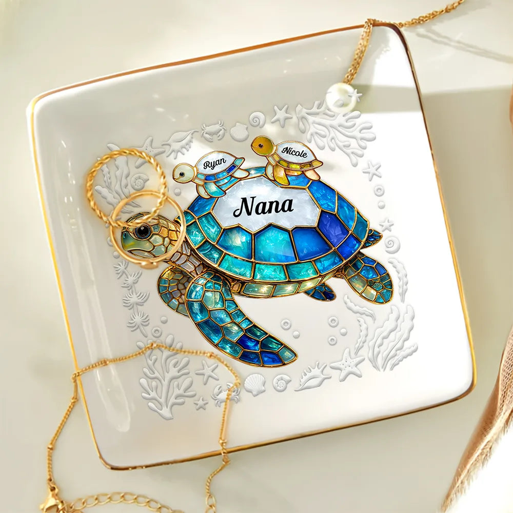 Gift For Grandma, Grandma - Grandkids, Beach, Happy - Turtle Stained Glass Mom Grandma - Personalized Ring Dish