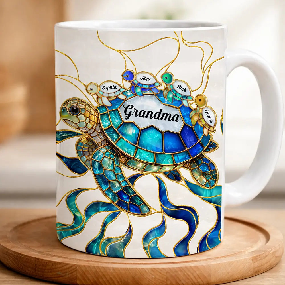 Gift For Grandma,Grandma - Grandkids,Beach,Happy - Turtle Stained Glass Mom Grandma - Personalized White Edge-to-Edge Mug