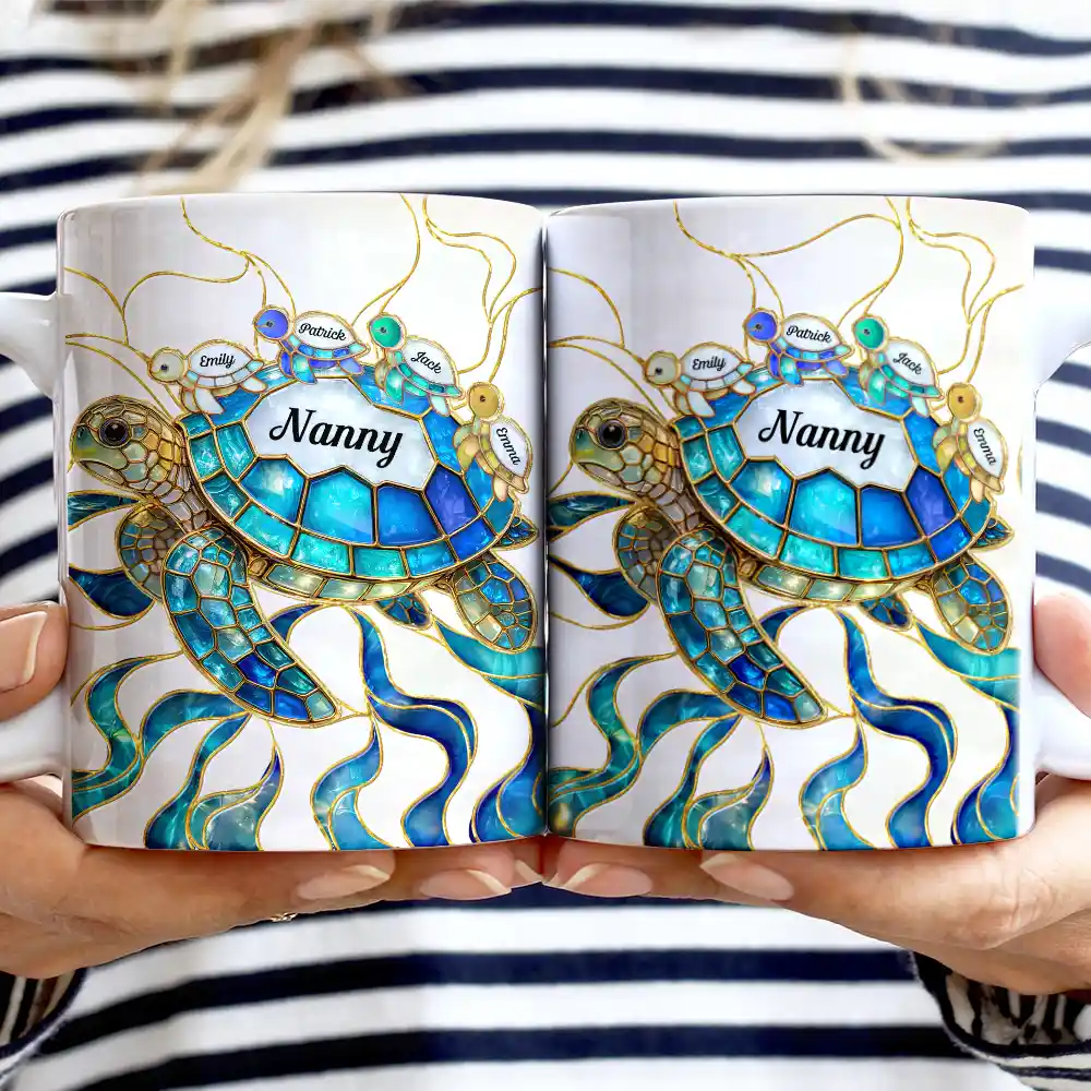 Gift For Grandma,Grandma - Grandkids,Beach,Happy - Turtle Stained Glass Mom Grandma - Personalized White Edge-to-Edge Mug