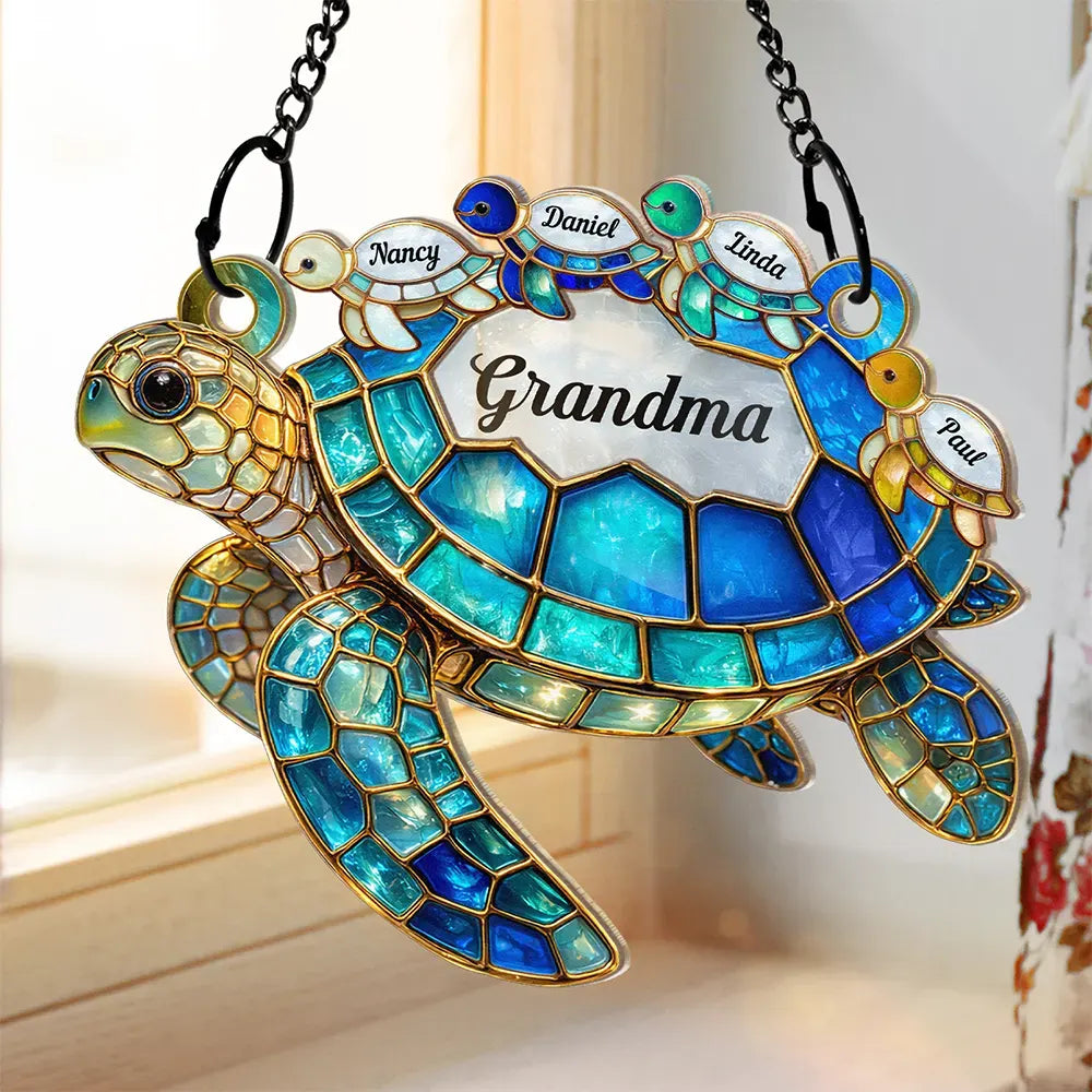 Grandma - Grandkids,Gift For Grandma,Gift For Mother,Happy,Top Market - Turtle Stained Glass Mom Grandma - Personalized Window Hanging Suncatcher Ornament