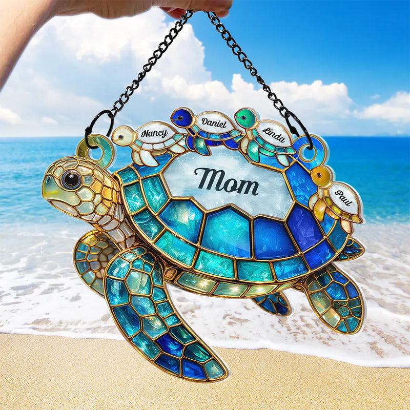 Grandma - Grandkids,Gift For Grandma,Gift For Mother,Happy,Top Market - Turtle Stained Glass Mom Grandma - Personalized Window Hanging Suncatcher Ornament