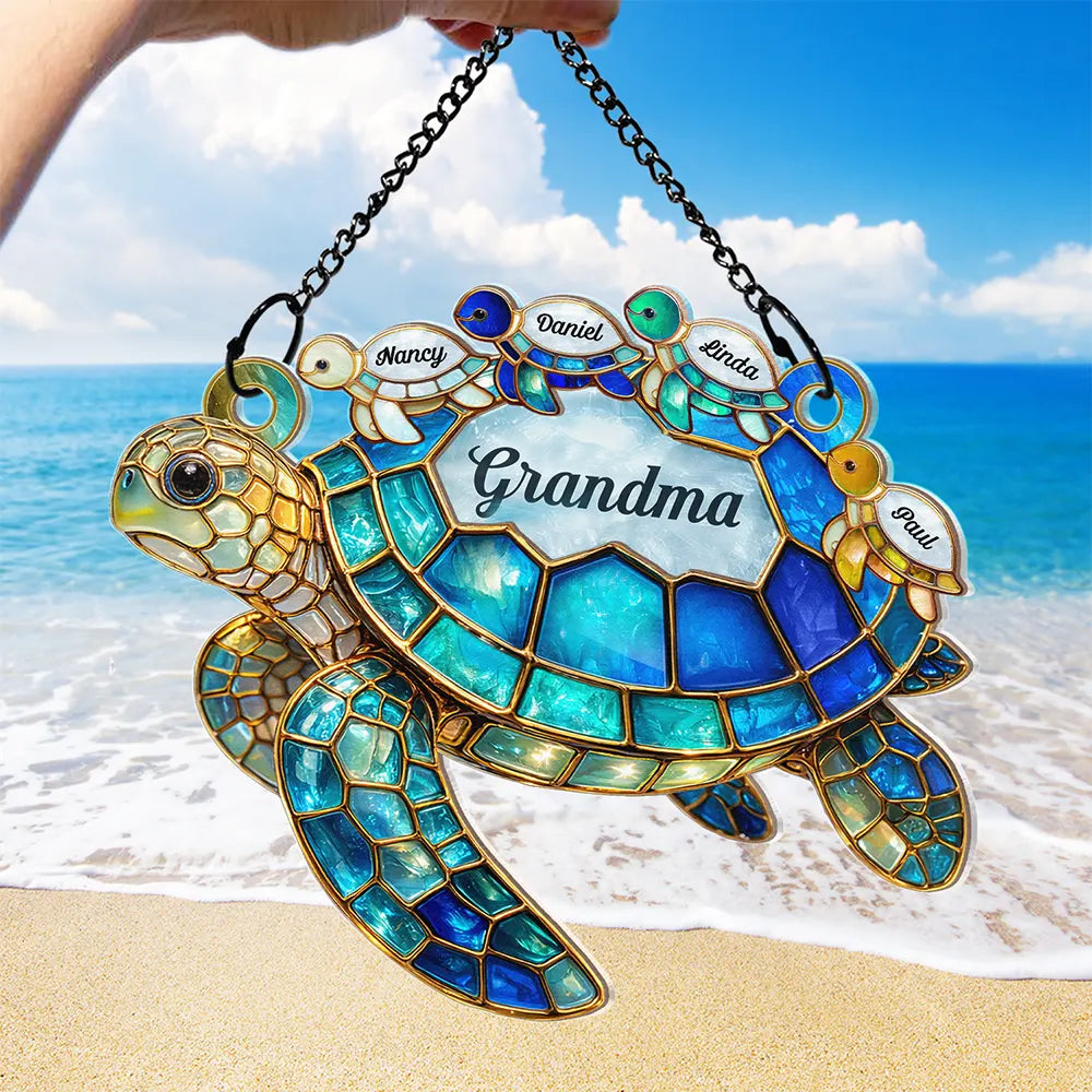 Grandma - Grandkids,Gift For Grandma,Gift For Mother,Happy,Top Market - Turtle Stained Glass Mom Grandma - Personalized Window Hanging Suncatcher Ornament