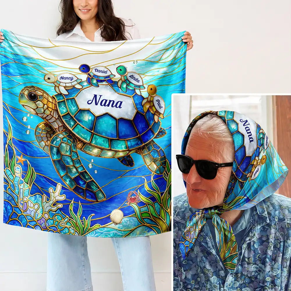 Turtle Silky Satin Effect Mom Grandma - Personalized Scarf