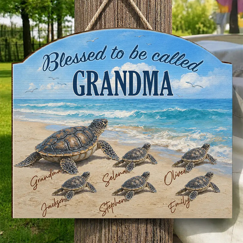 Beach,Gift For Grandma,Grandma - Grandkids,Happy,Icon - Turtles Blessed To Be Called Grandma - Personalized Custom Shaped Wood Sign
