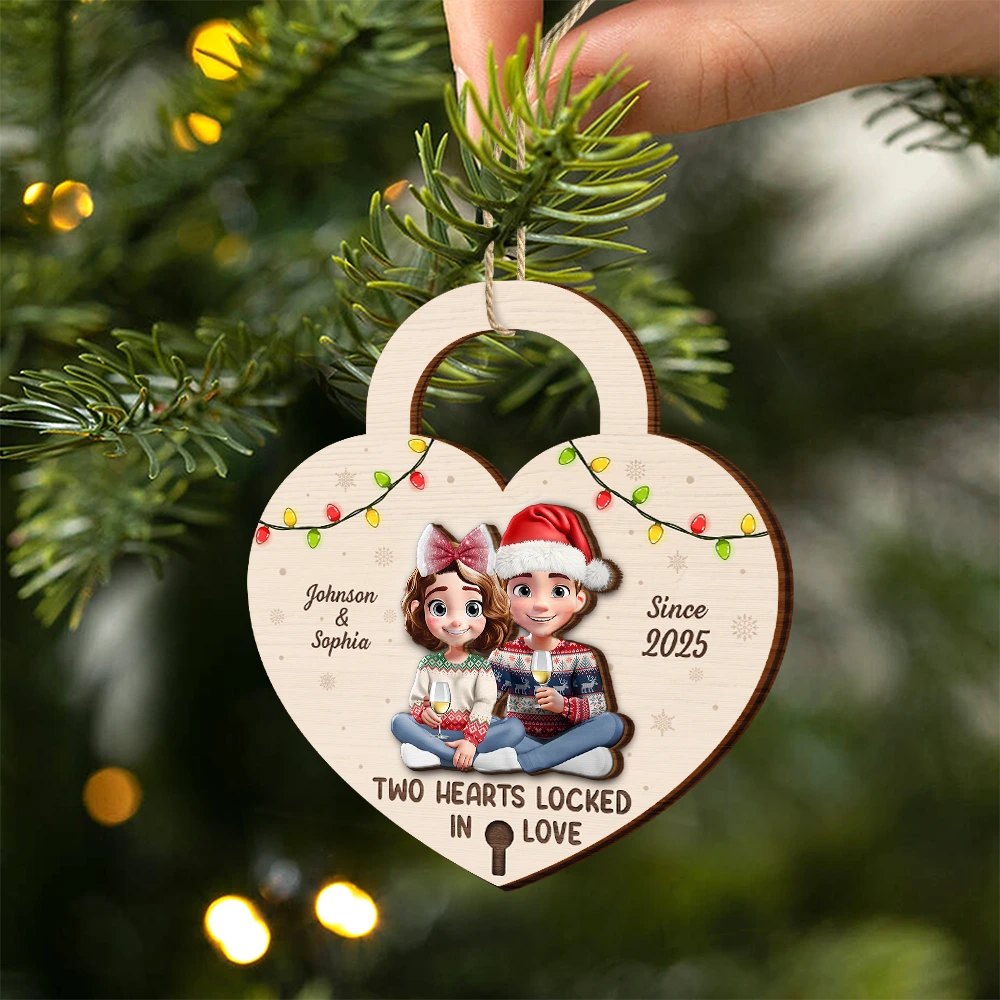 Gift For Couples,Gift For Husband,Gift For Wife,Gift For Boyfriend,Gift For Girlfriend,Christmas,Happy - Two Hearts Locked In Love Couple - Personalized 2-Layered Wooden Ornament