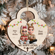 Gift For Couples,Gift For Husband,Gift For Wife,Gift For Boyfriend,Gift For Girlfriend,Christmas,Happy - Two Hearts Locked In Love Couple - Personalized 2-Layered Wooden Ornament