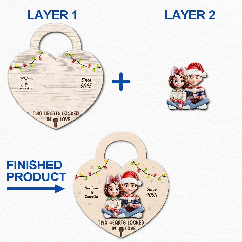 Gift For Couples,Gift For Husband,Gift For Wife,Gift For Boyfriend,Gift For Girlfriend,Christmas,Happy - Two Hearts Locked In Love Couple - Personalized 2-Layered Wooden Ornament